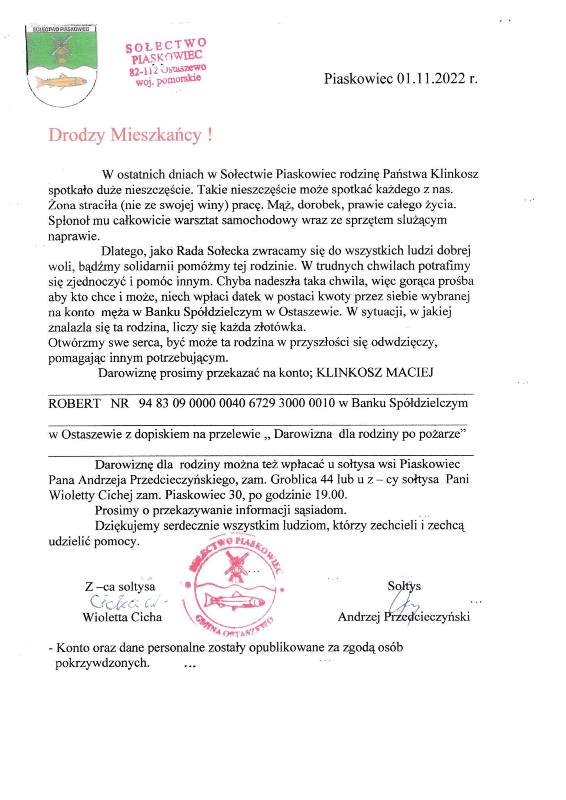 ostaszewo apel o pomoc