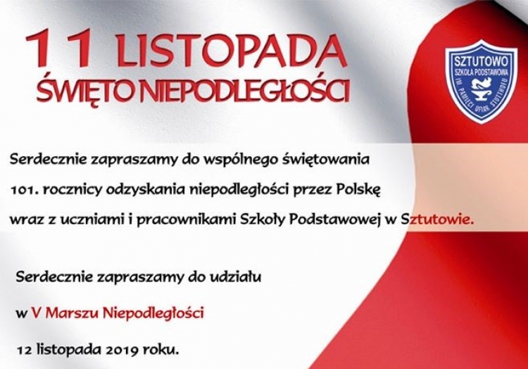 Sztutowo. Zaproszenie na obchody 101. rocznicy odzyskania niepodległości przez Polskę.