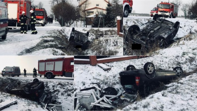 Dworek. Wpadł w poślizg, dachował i wpadł do rowu - 5.02.2018