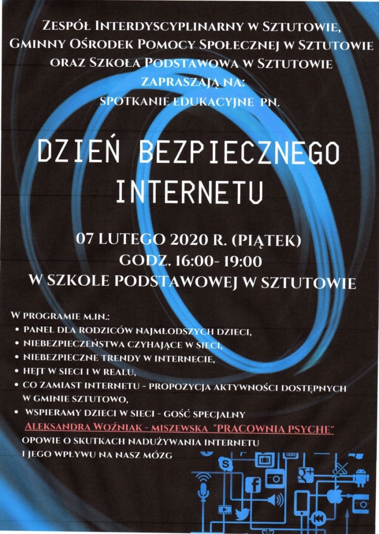 Zespół interdyscyplinarny w Sztutowie zaprasza na spotkanie edukacyjne pn. Dzień bezpiecznego internetu