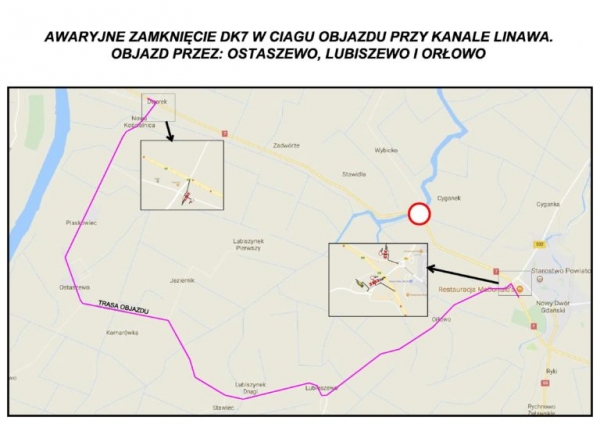 Awaryjne zamknięcie siódemki we wtorek. Objazd przez Ostaszewo