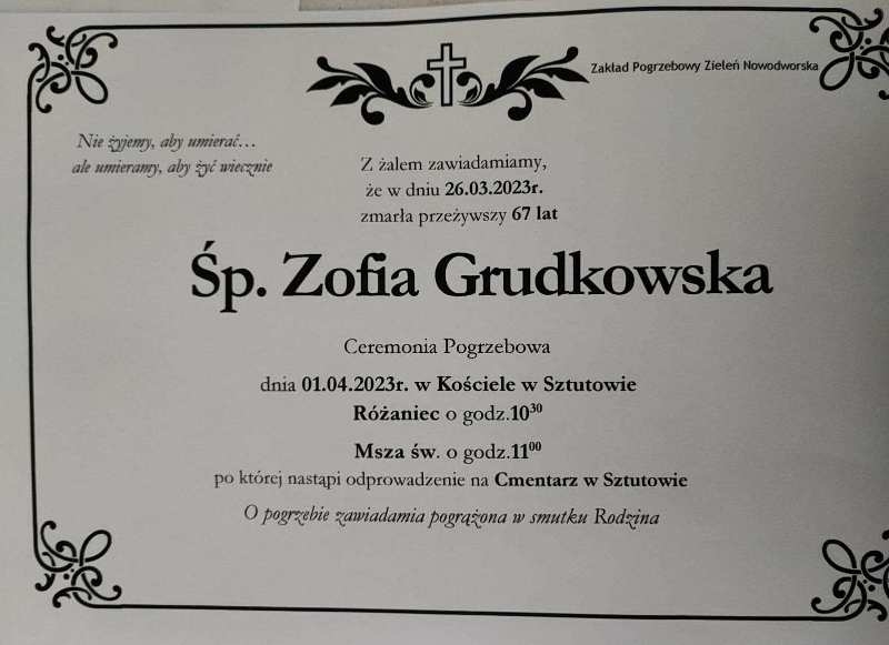 Sztutowo. Ostatnie pożegnanie Ś.P Zofii Grudkowskiej