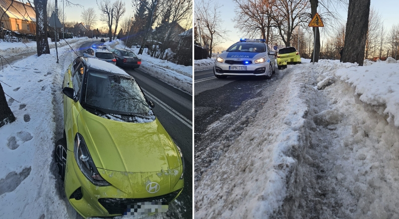 Nietrzeźwa kierująca wjechała w zaspę śniegu i znak drogowy.